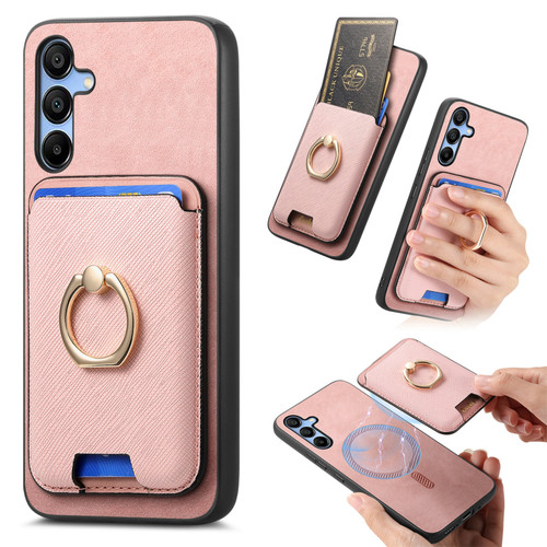 Samsung Galaxy A16 5G Retro Cross Leather Ring Vertical Insert Card Bag MagSafe Phone Case - Pink